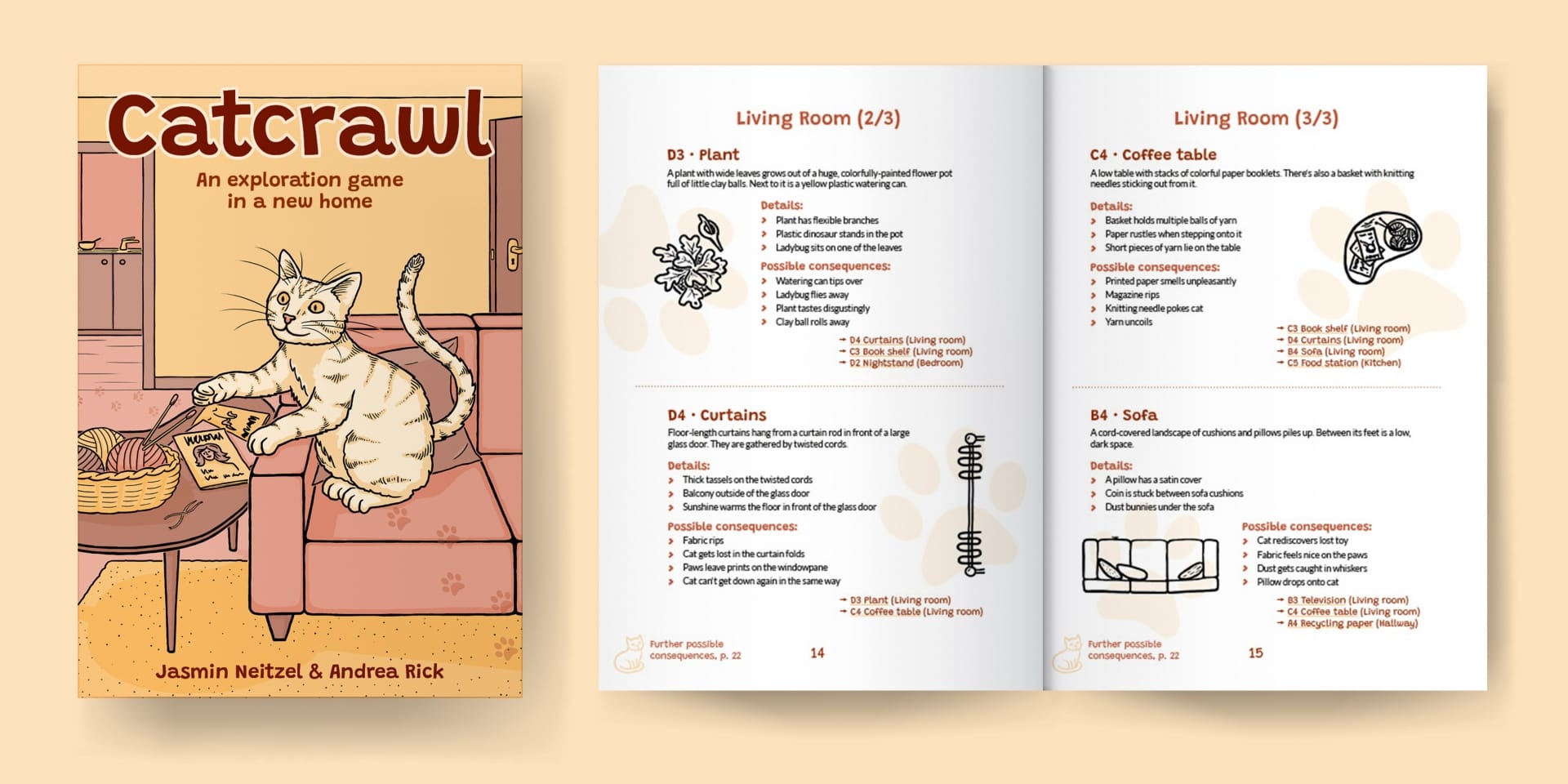 The cover shows a cat that's about to explore a basket of yarn balls on a coffee table next to a sofa in a living room. The spread of interior pages shows the illustrations and descriptions for four of the map squares: A plant, curtains, a coffee table, and a sofa.