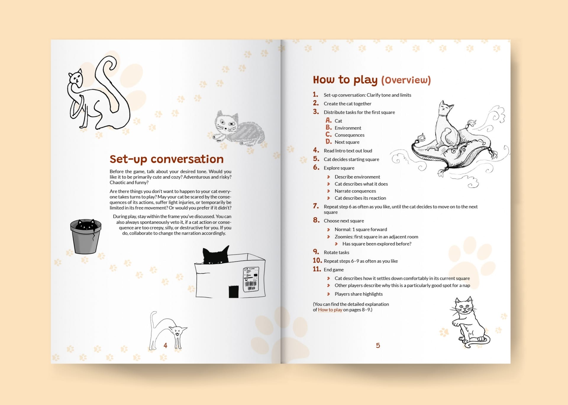 The pages show the set-up conversation and overview of how to play, together with seven pieces of cat artwork in a variety of styles and faint paw print tracks across the pages.