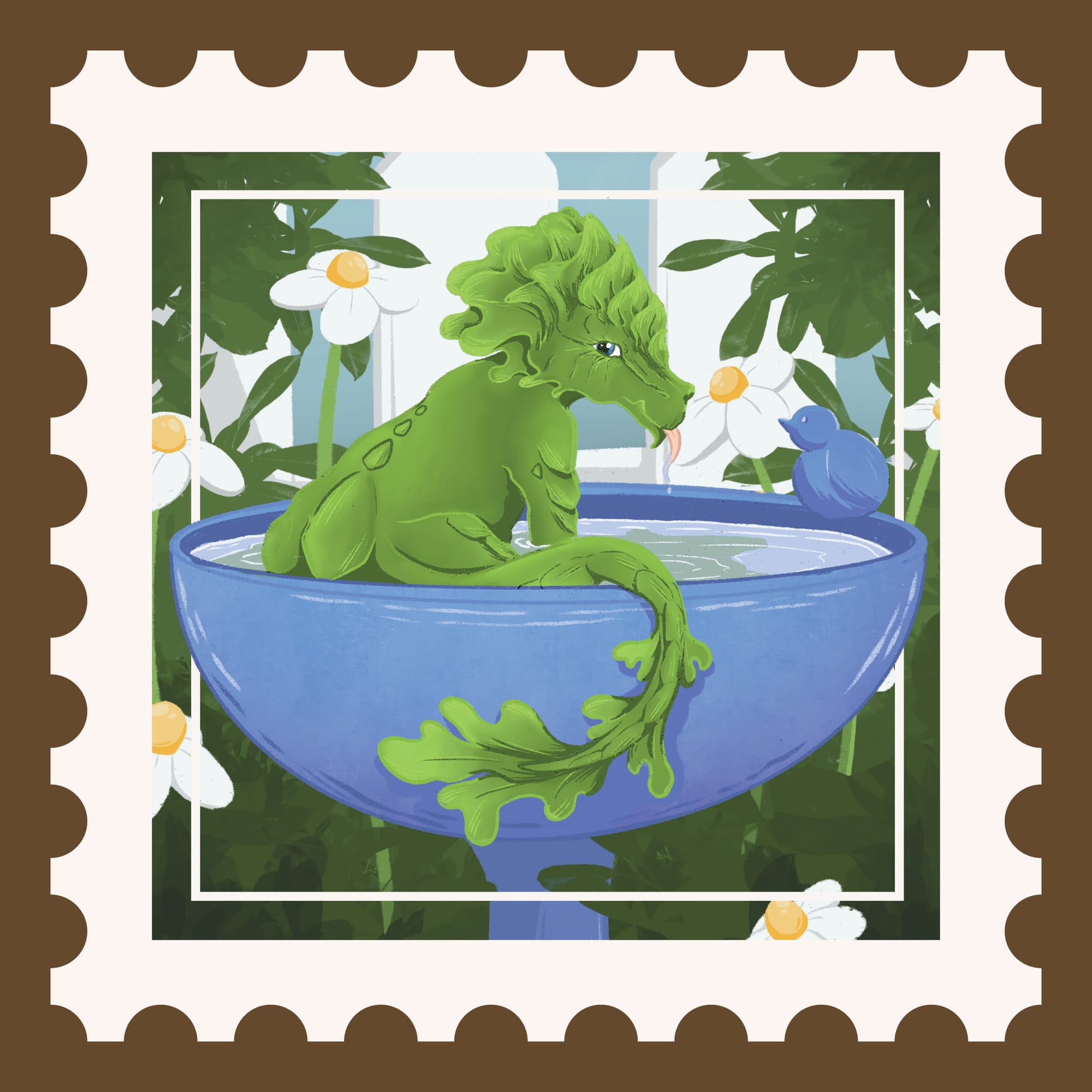 A green dragon plays in a blue birdbath, surrounded by flowers and greenery. 