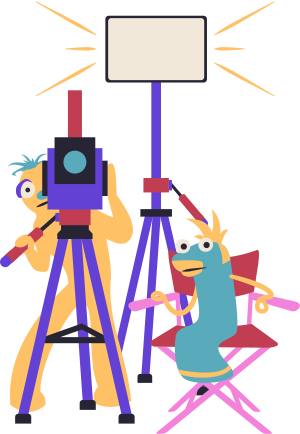 A drawing. Two puppets face the viewer. On the left, a full-size puppet operates a camera. On the right, a sock puppet sits in a director's chair. Behind them, a light shines forward.