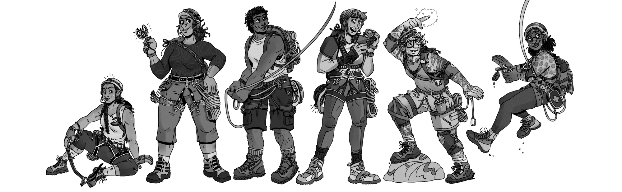 A line-up of 6 cavers in varying poses, they are all wearing harnesses and backpacks and holding gear. From left to right we have a woman with a long ponytail sitting down, she is holding a pick, and is wearing a tank top and capris. To her right, a woman with medium length messy curly hair pulled back, she is wearing a long sleeved shirt and is holding a piton. To her right is a dark skinned short haired masculine woman wearing a tank top and shorts and is pulling a rope. To her right it a tall and lanky woman with light hair pulled back into pigtails, she is wearing a baseball tee, shorts, and tights and is holding a camcorder. To her right is an androgynous person with floppy curly hair wearing a tank top, shorts, and knee braces, they are heavily tattooed and holding a glowstick. To their right and the final character is a dark skinned woman with poofy afro pigtails sticking out of the bottom of her helmet, she is suspended from a rope attached to her waist harness with her feet off the ground, she is wearing a patterned long sleeve shirt and shorts.