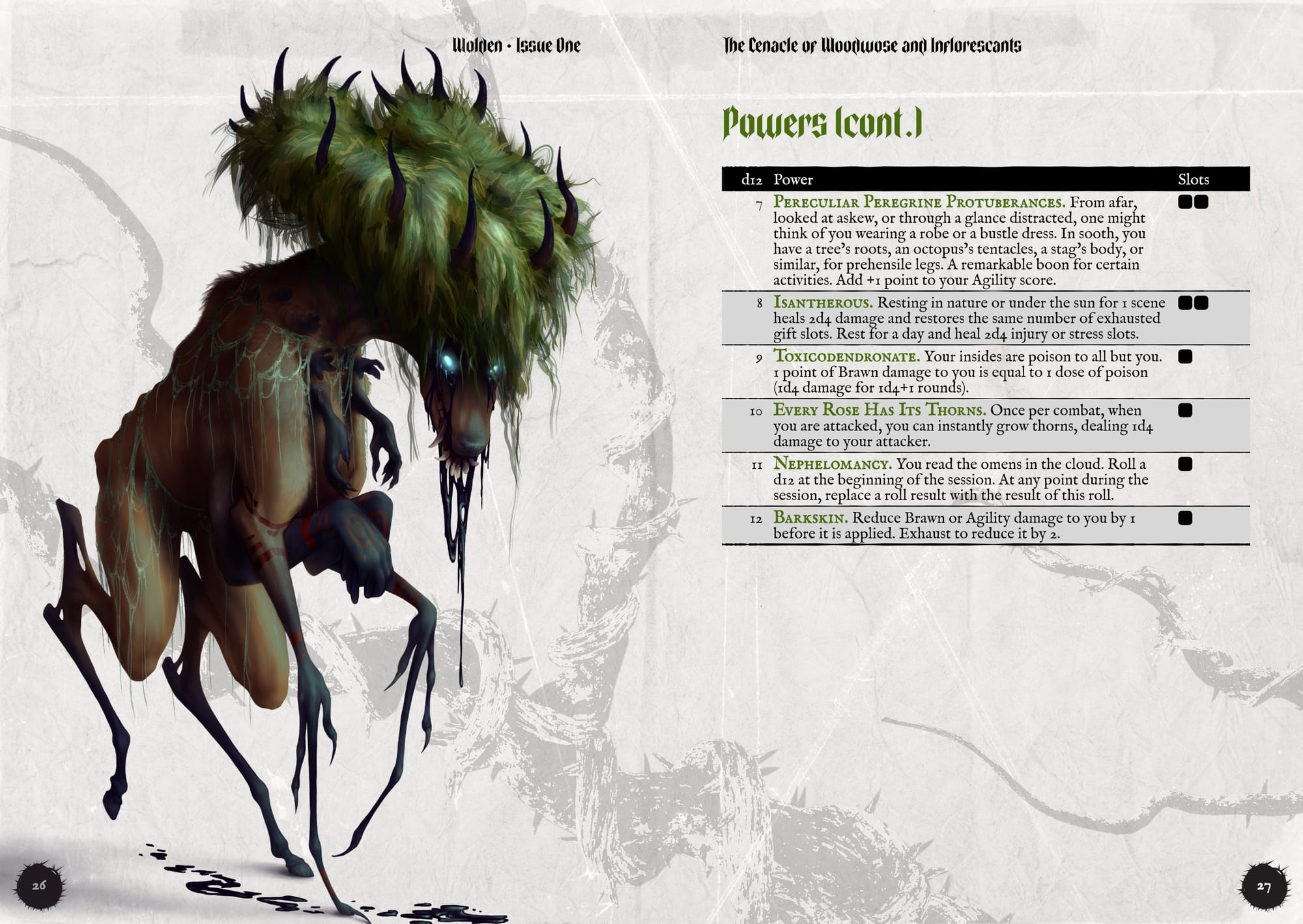 Forest thing of horns and legs and arms, and part of a table of powers.