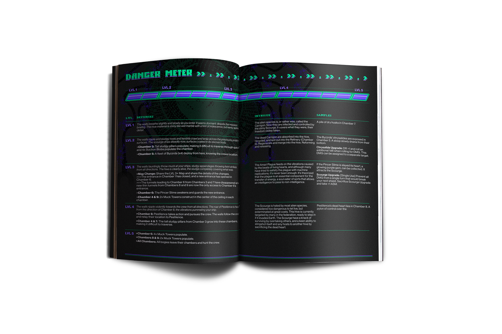 Interior spread of the Danger Meter from the Cryo Drakus core book, used in the introductory adventure.