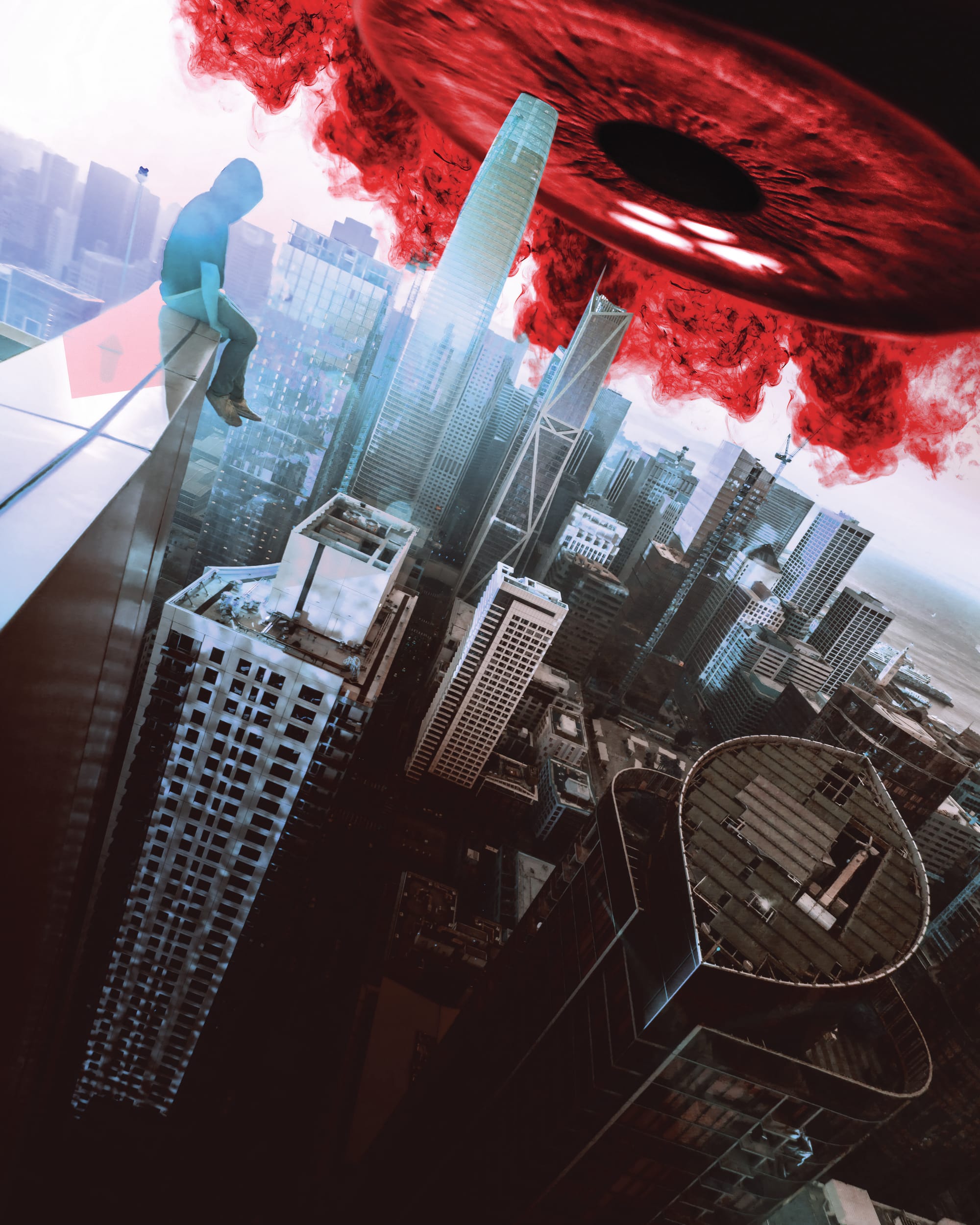 A hooded figure sitting perilously above a city skyline, with a giant red demonic eyeball floating overhead