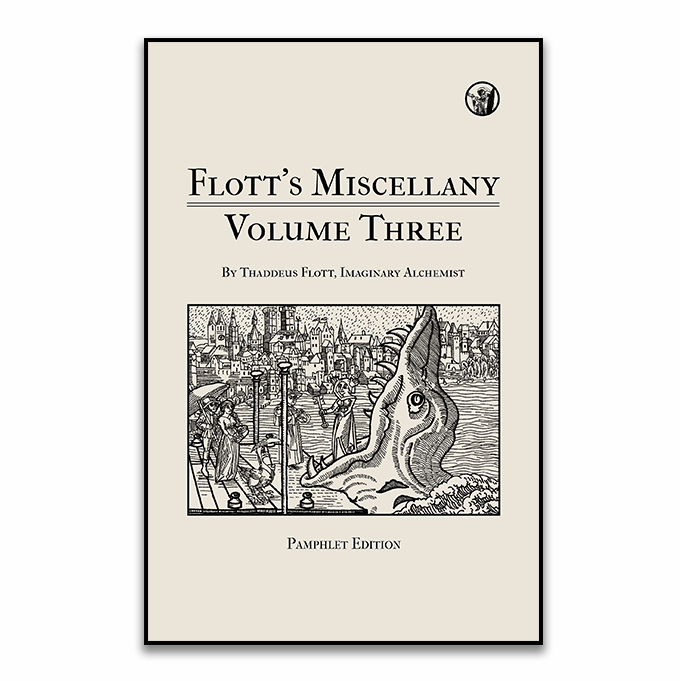 A zine cover for Flott's Miscellany Volume Three showing a wizard landing at the docks of a fantasy city  in the mouth of a giant sea turtle/beast.