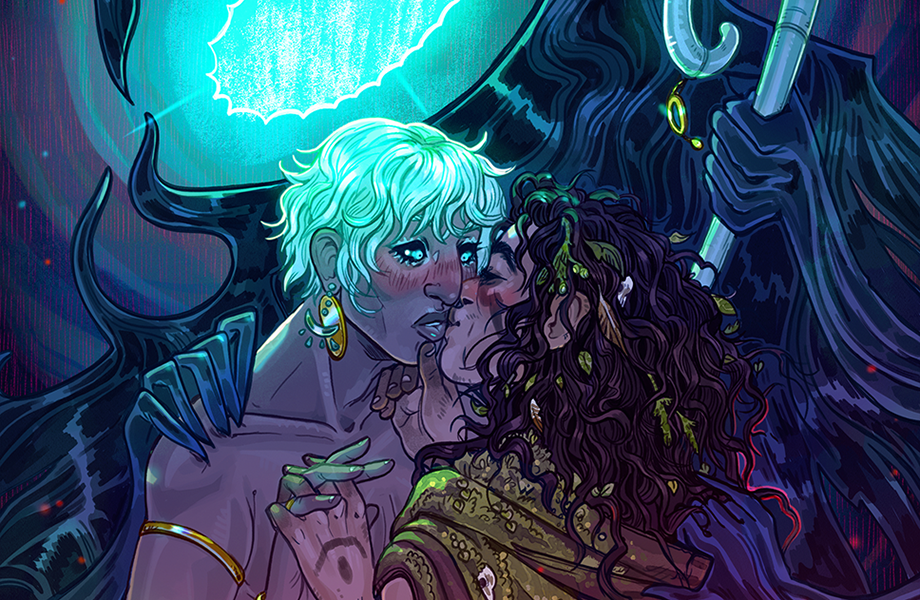 Two adventurers draw close for a kiss while a jealous god tries to pull them apart.