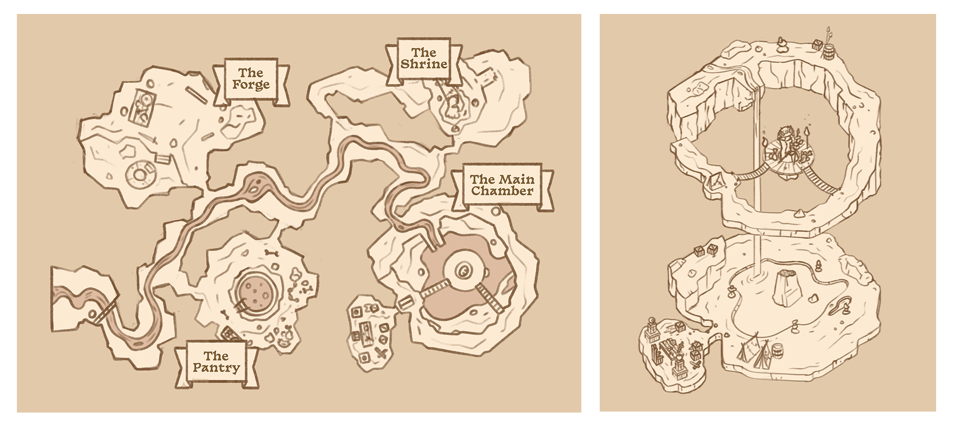 Sketches of two dungeon maps.