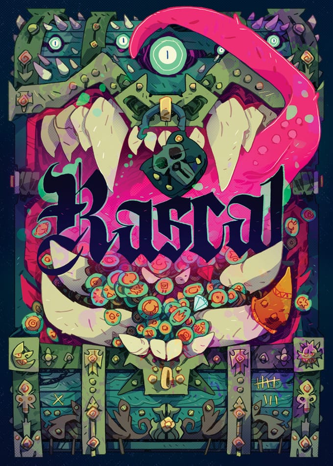 A treasure chest mimic, pink and green, with a mouth full of treasure and massive teeth. The Rascal logo rests in the middle of its gaping maw.