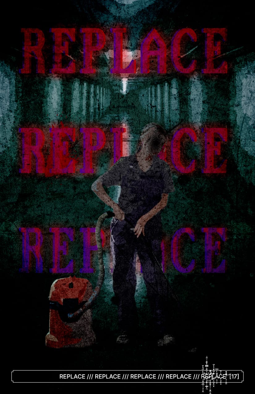 In an artistically gritty style: A person with a blurred face operates a cleaning machine in an industrial hallway. The words "REPLACE REPLACE REPLACE" in bright red hover behind her.