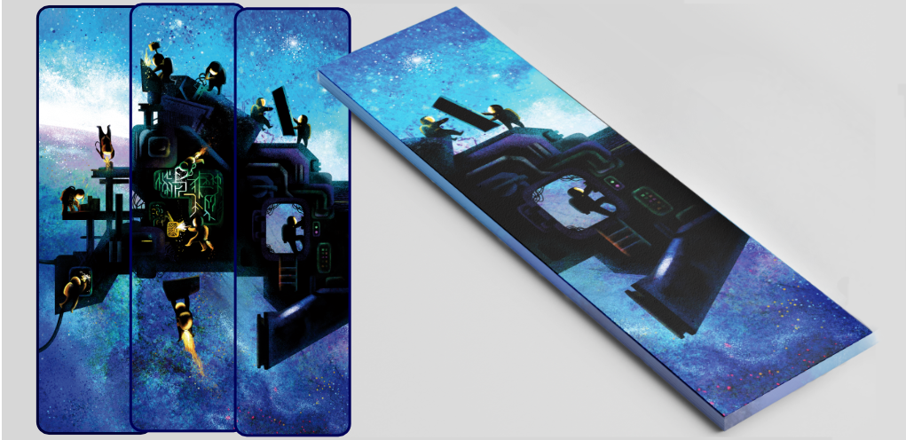 4 bookmark mock ups 3 of them laid out slightly overlaid showing the different stages of a small crew building a ship in space. It is incomplete.