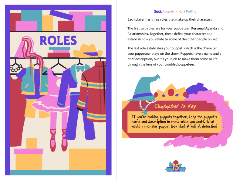 A large image spans the left side of a two page spread. ROLES is written in a cast closet, with a ballerina outfit, a cool kid's vest and shorts, a showy tuxedo, a firefighter's jacket, a red dress, and hats for cowpokes and royals.