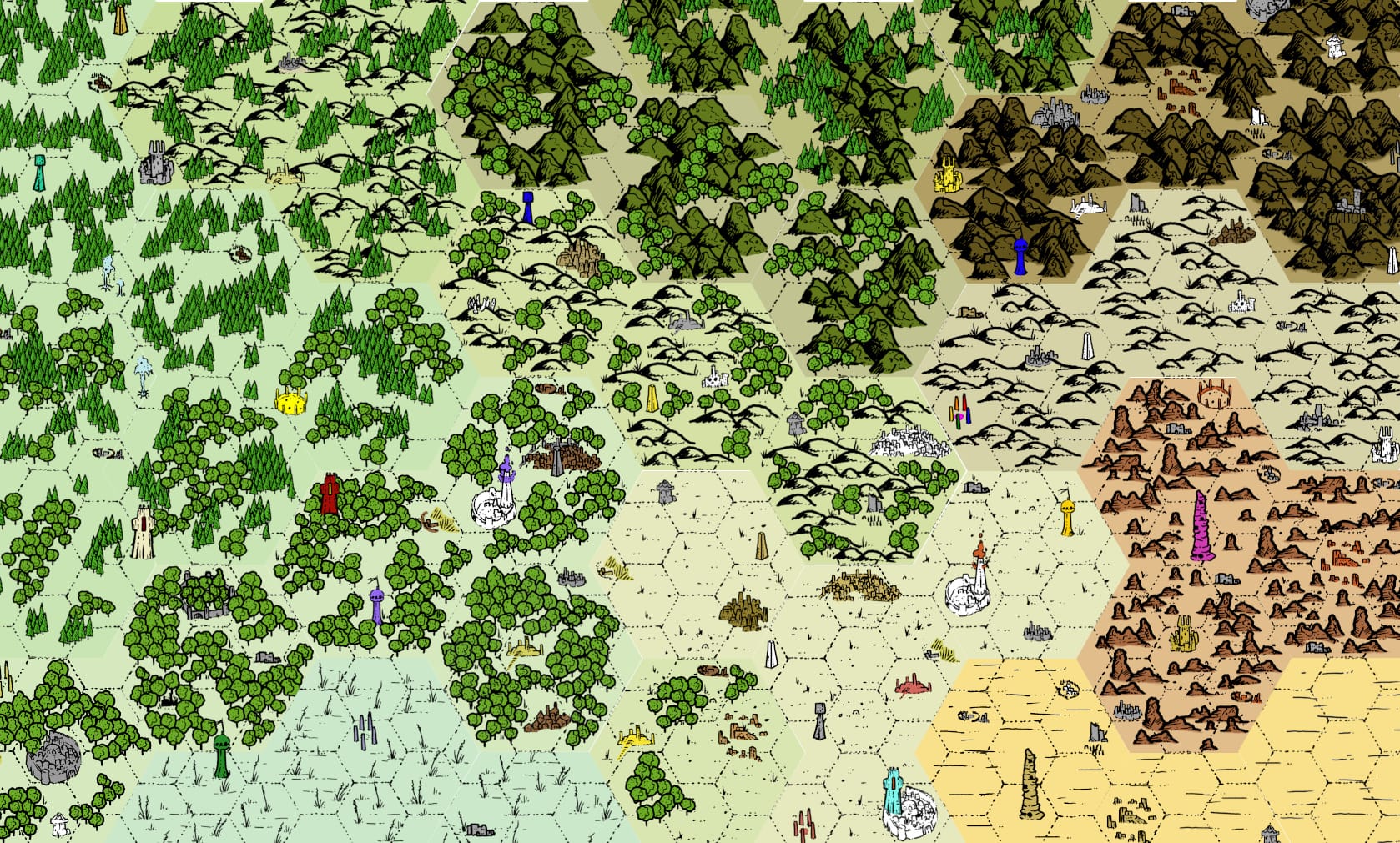 Mountains, forests, grassland and more hex tiles; plus icons for towers, towns, etc.