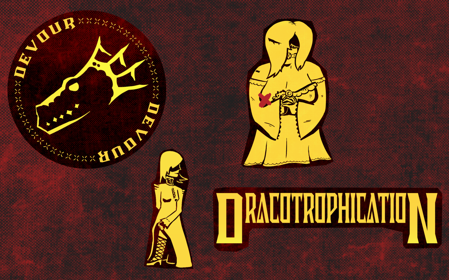 Dracotrophication's stickers, which include a dragon's head with the word 'devour' swirling around it, a maiden demurely showing some stocking, a gagged maiden with one nipple peeking out, and the Dracotrophication logo.