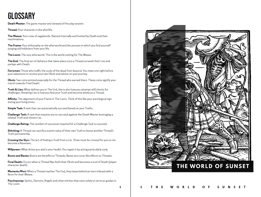 A preview of the Sunset layout, featuring a glossary on the left page and a black and white illustration on the right page as a chapter heading for Chaper 1: The World of Sunset.