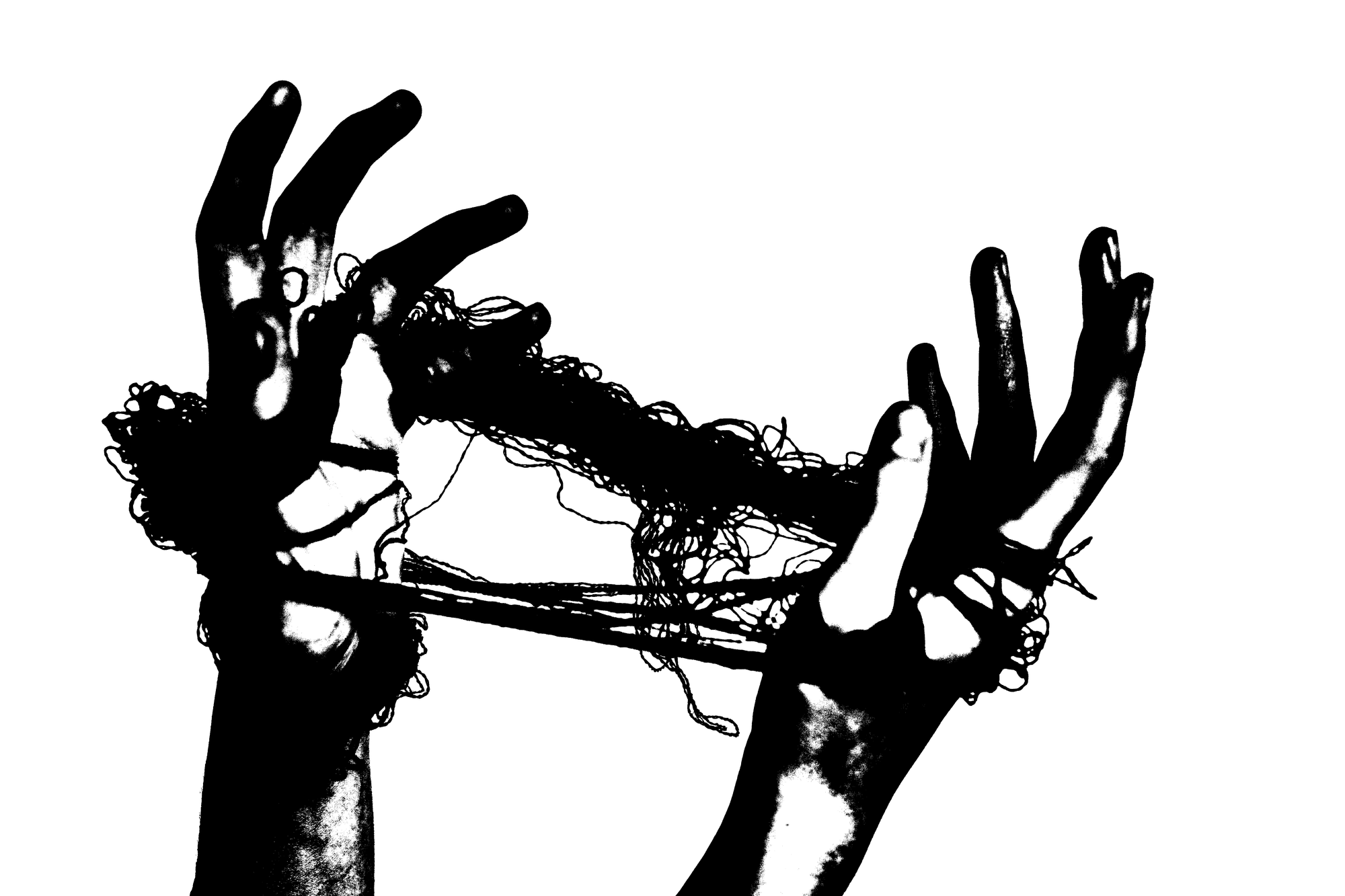 Two hands depicted in black and white, with a tangle of threads between them.