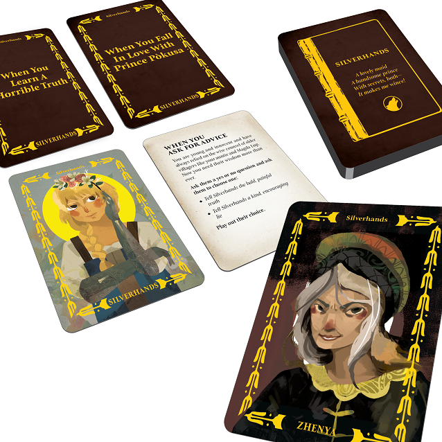 A mockup of four single cards placed on a transparent tabletop, two face down move cards, one face up, and the character card for Silverhands. The character card for Zhenya floats toward the viewer, as if she is about to tell a secret or perhaps curse you.