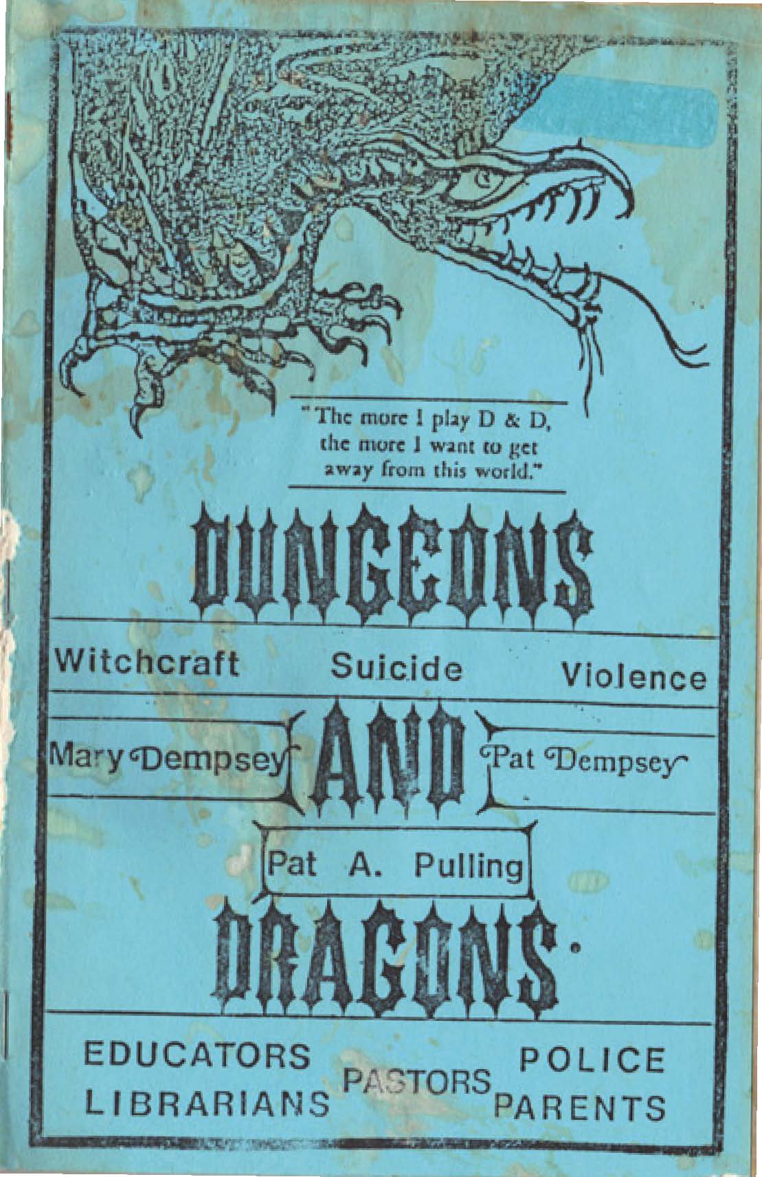 A blue zine cover for Bothered About Dungeons and Dragons from the 80s, aimed at educators and parents.