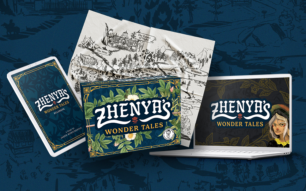 Mockup of Zhenya's Wonder Tales boxed card game, fabric map, card back with logo and laptop with logo.