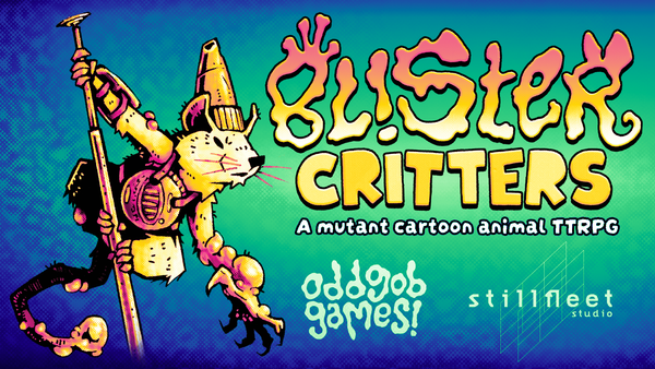 A perched, mutated mouse to the left of the logo for Blister Critters as well as logos odd gob games and stillfleet studio
