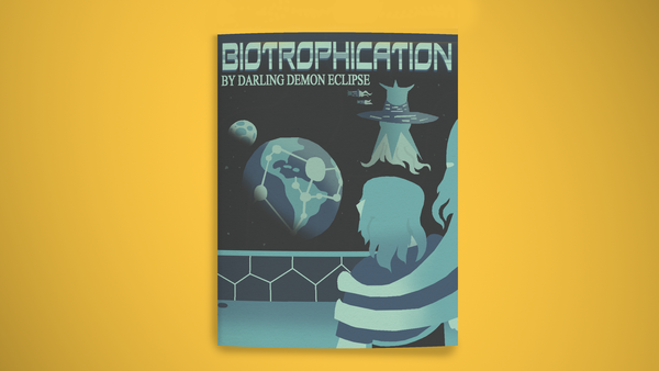 A mockup of the cover for Biotrophication, featuring a blue-haired human and a tentacled alien staring off of some sort of b