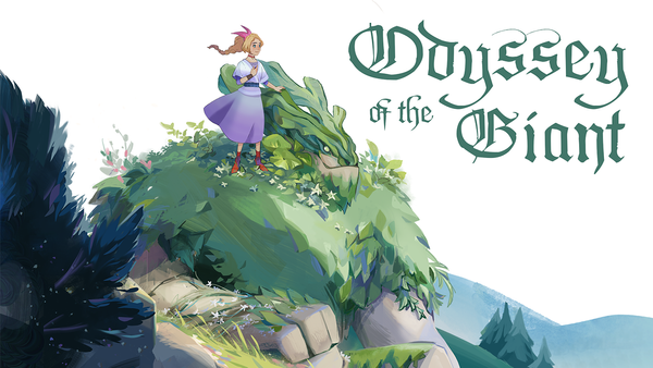 Odyssey of the Giant, a young femme in a purple dress stands on the shoulder of a forest giant