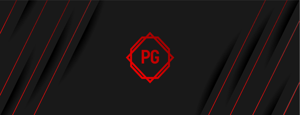 Pryde Gaming logo, red letters in geometric shapes against grey background
