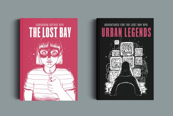 Two hardcover books "The Lost Bay" and "Urban Legends", 199X vibe, featuring a Firestarter and an Analog Hacker