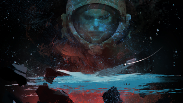 Scattered asteroids set against a stylized blue-white smear in space and the ghostly image of an astronaut's helmeted face.