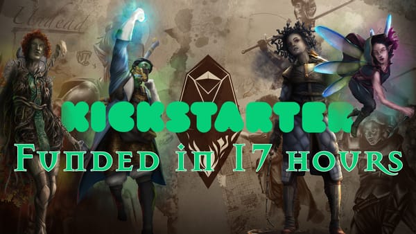 A cast of heroes over the stretched-hexagon Relict logo with the text: KICKSTARTER, FUNDED IN 17 HOURS