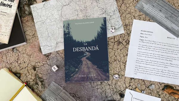 A copy of tabletop RPG La Desbandá 1937 on a table surrounded by maps, dice, letters and other media.