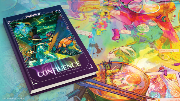 A mockup of the Confluence: The Living Archive Atlas sitting atop a colorful map. Not the final product.