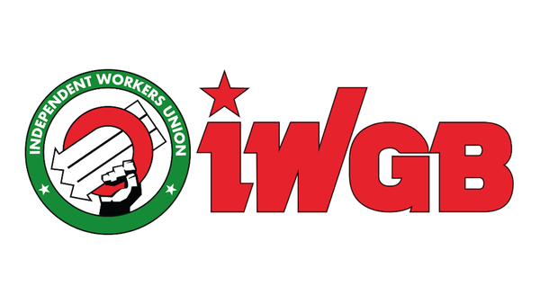 IWGB's logo, red letters on white background, with a green circle that reads: "Independent Workers Union"