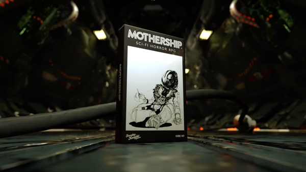 Mothership 1E boxed set on a digital alien ship interior. The box reads "Sci-Fi Horror RPG"