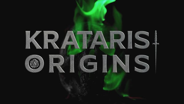 Black BG. Skull spewing green flame. Text made of metal: "Krataris Origins" - d20 in the "O", dagger to the side of the logo.