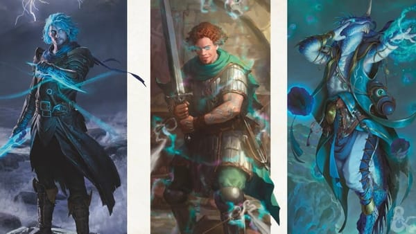 Three generic heroic fantasy figures: a rogue, warrior and mage of some kind.