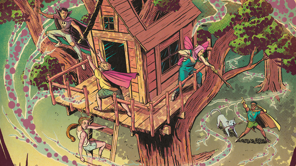 Several children dressed in homemade superhero outfits play in a treehouse surrounded by mysterious power