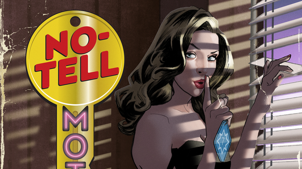 A woman in a black dress holds a finger to her mouth in a "shush" motion. The words "No-Tell Motel" are seen.