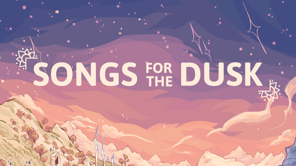 The Songs for the Dusk title, bordered by geometric lotus motifs over a backgroud of pastel blues, purples, and oranges.