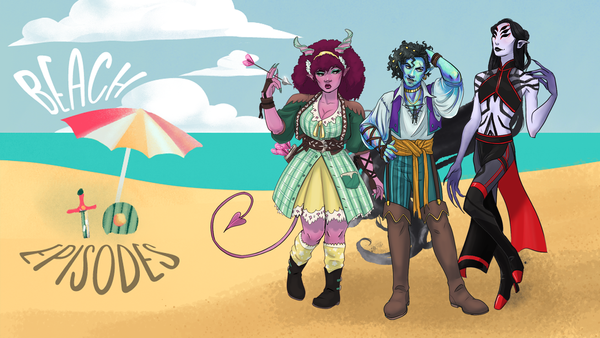 Three D&D characters on a beach - a tiefling, a blueish elf and an alien like creature.