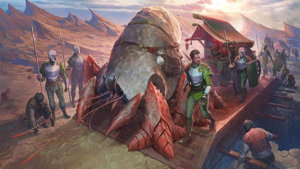 Art from the Stormlight RPG. A massive crablike chull hauls a wagon over desert chasm.