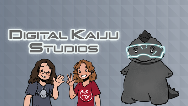Text says "Digital Kaiju Studios" with cartoon figures of a man, woman, and chibi monster.