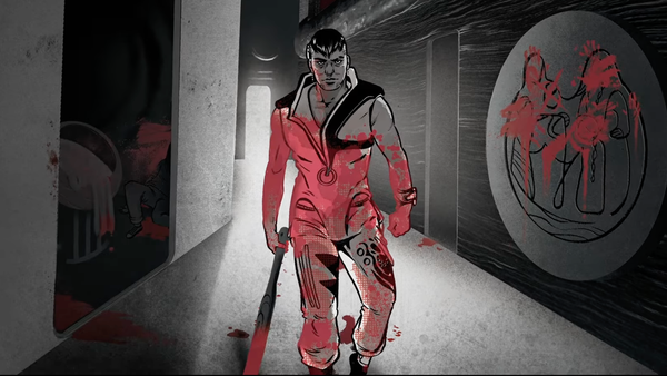 An ominous figure in a bloodstained jumpsuit stalks the halls of a building while dragging a bat.