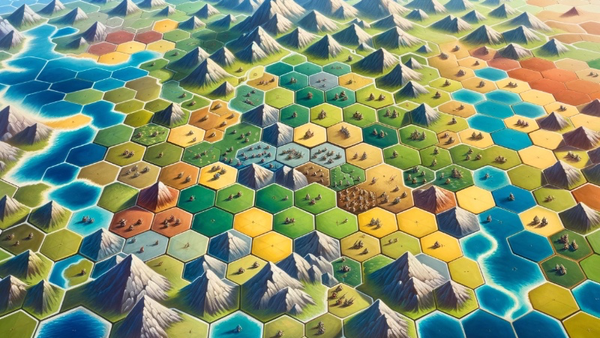 Colored hexagonal tiles representing a geographical region full of mountains, forests, and rivers.