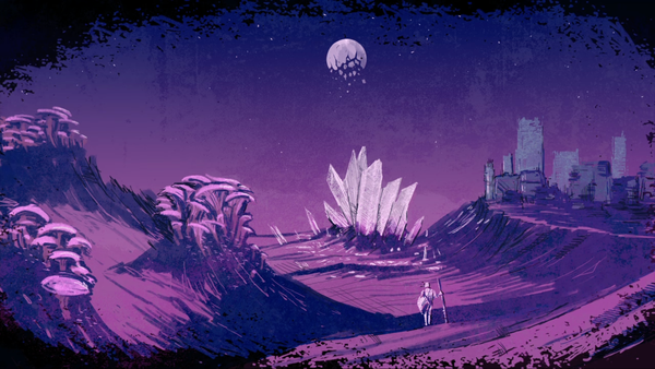 A lone figure on a purple alien landscape full of mushrooms and crystals. A darkened city is in the background.