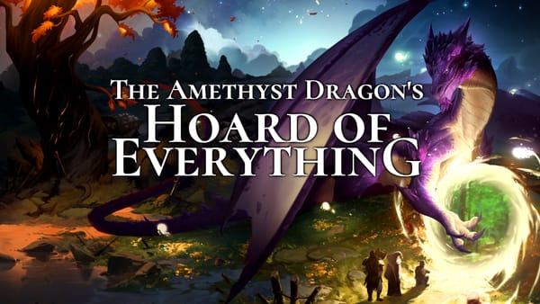 Image shows a purple-scaled dragon displaying his treasures to a trio of adventurers.