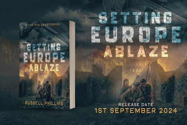 Background: burning urban landscape. Book cover and the text, "Setting Europe Ablaze", and "Release date 1st September 2024"