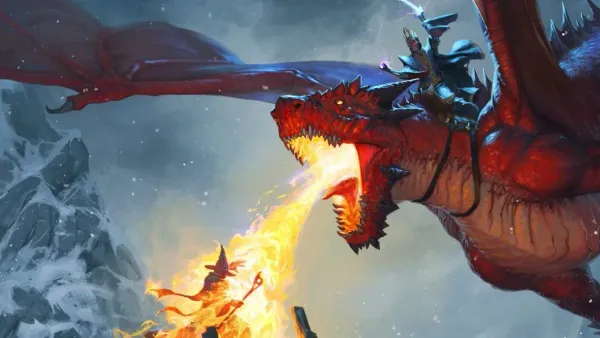 A lich riding a dragon burns a wizard on top of a snow mountain.