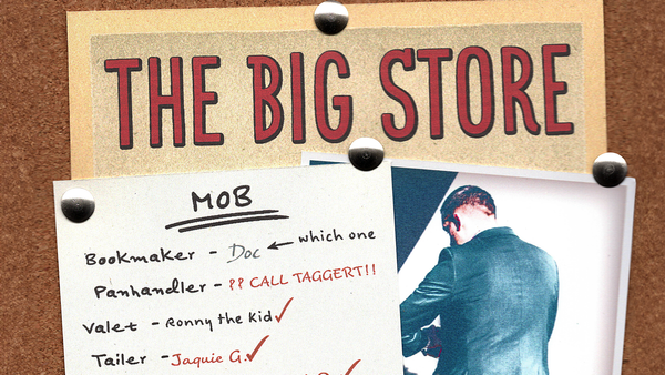 Cover Image for The Big Store, feat. layered graphics on corkboard.