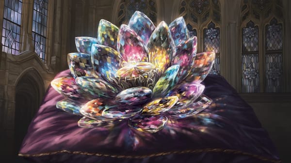 A crystalline lotus flower sits on a pillow inside a dim cathedral, throwing off rainbow refractions.