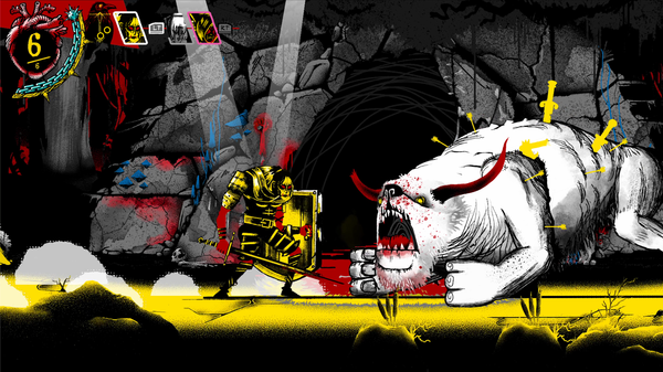 A hulking fighter with sword and shield faces off against a massive white beast skewered with weapons.